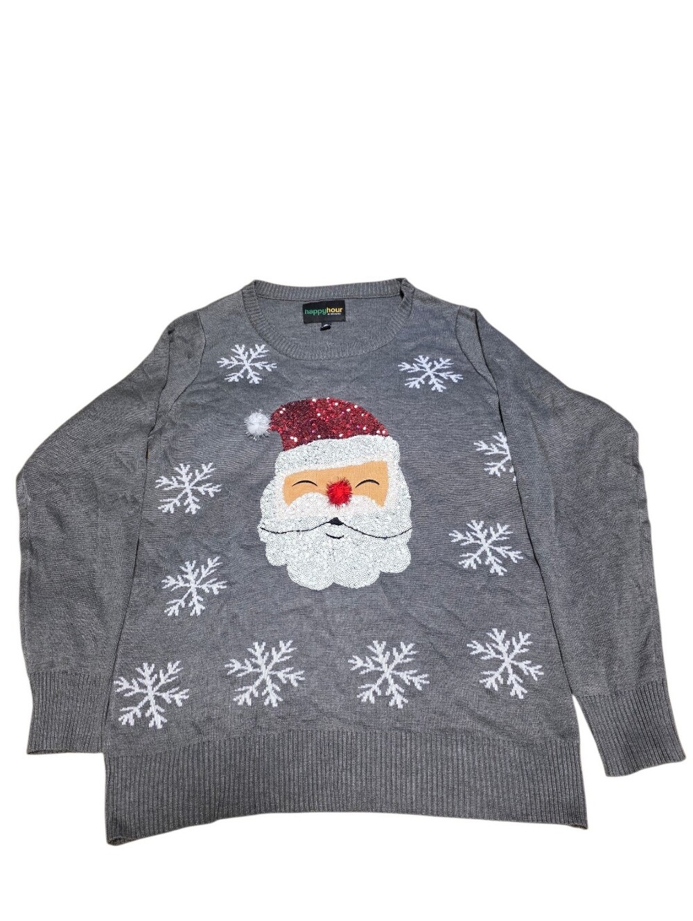 TipsyElves Red Nose Santa Ugly Christmas Sweater Sz S/M Gray Acrylic EUC Sequins